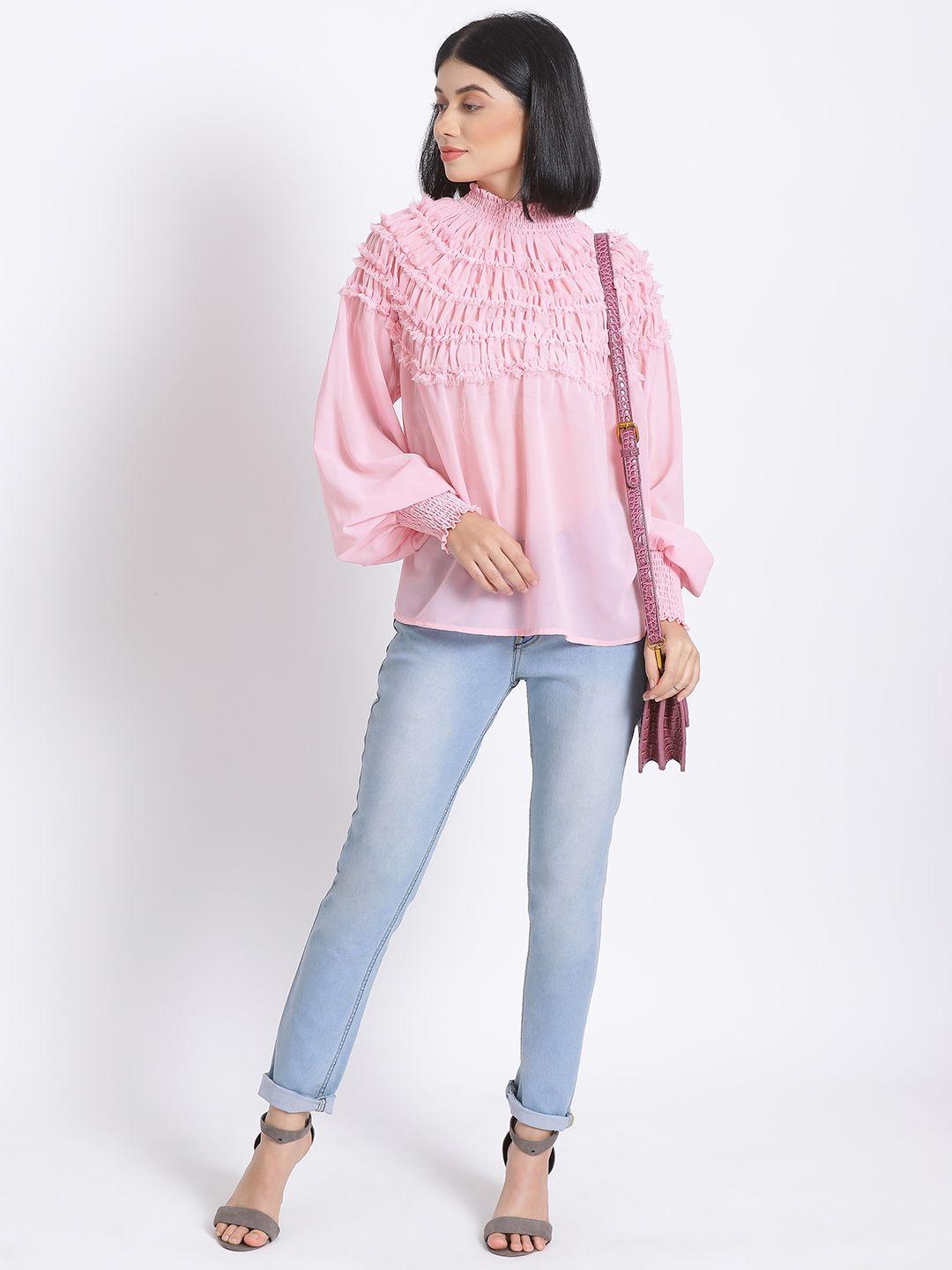 oxolloxo pink puff sleeves a-line smocked top