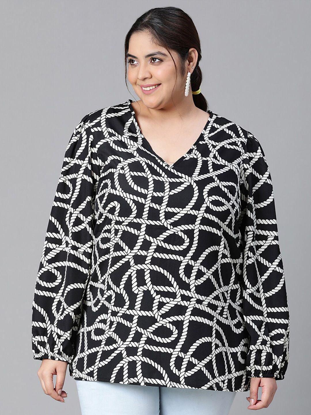 oxolloxo plus size abstract printed v-neck puff sleeve monochrome top