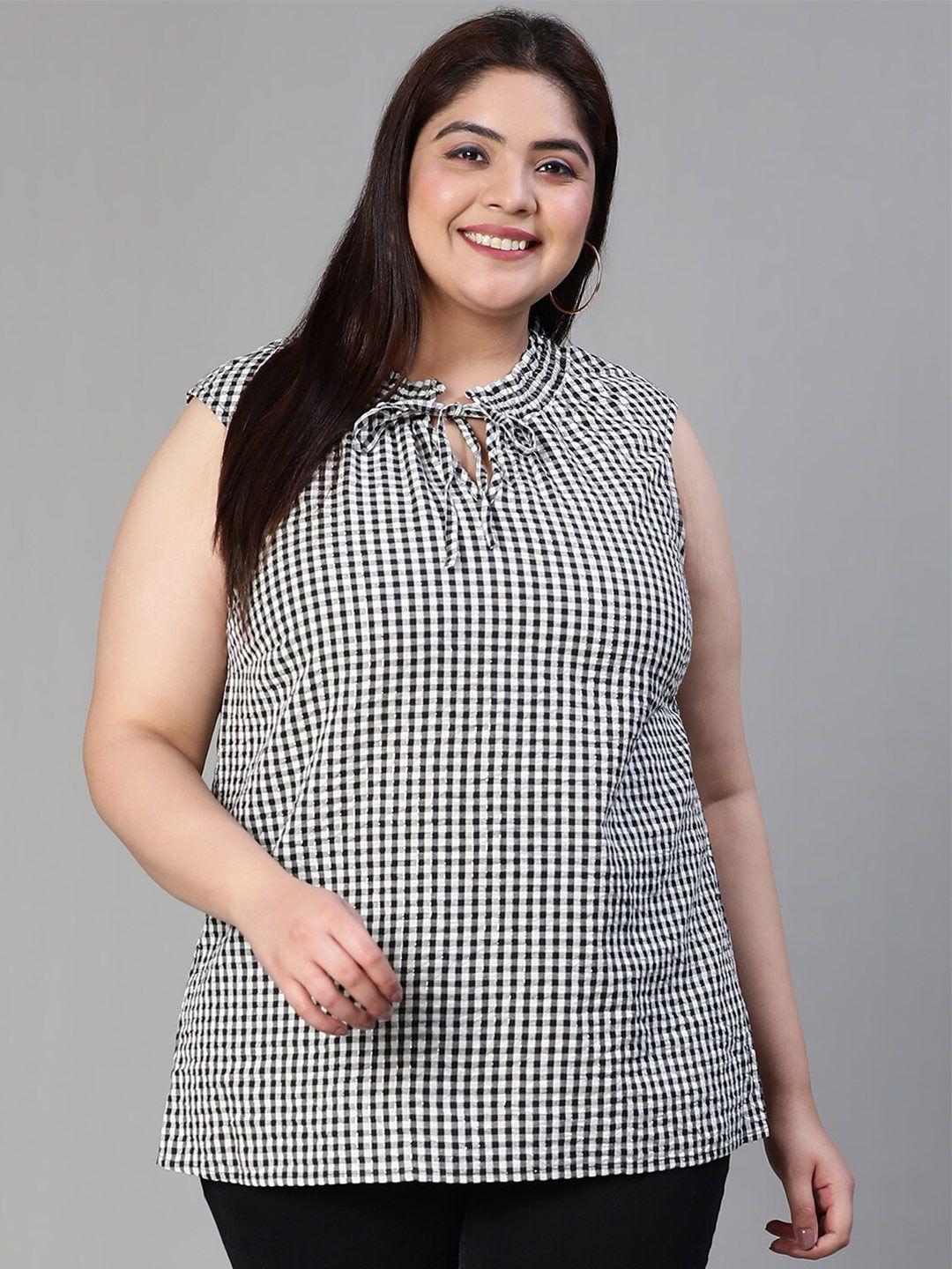 oxolloxo plus size checked tie-up neck smocked pure cotton top