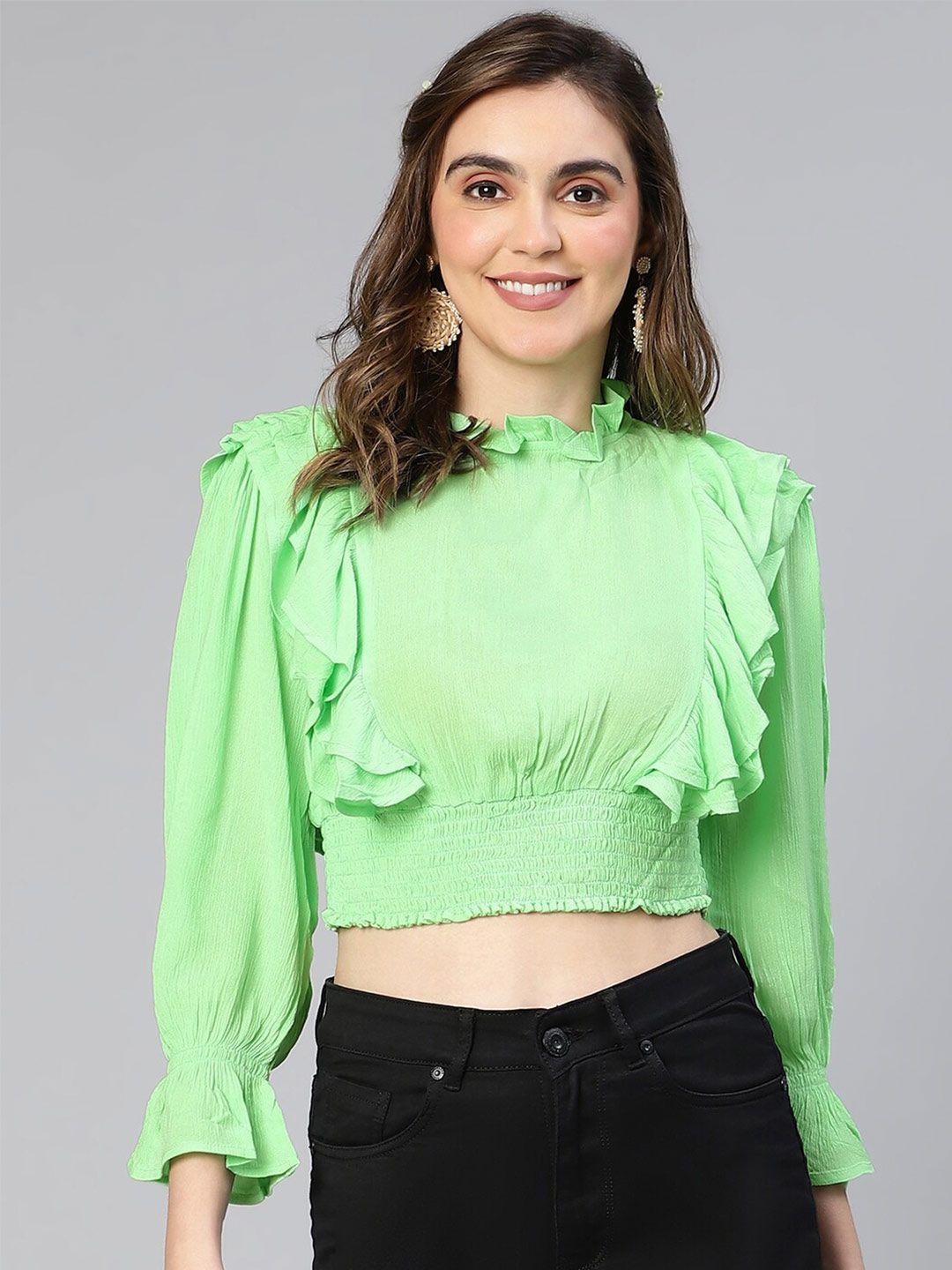 oxolloxo puff sleeve smocked cotton crepe crop top