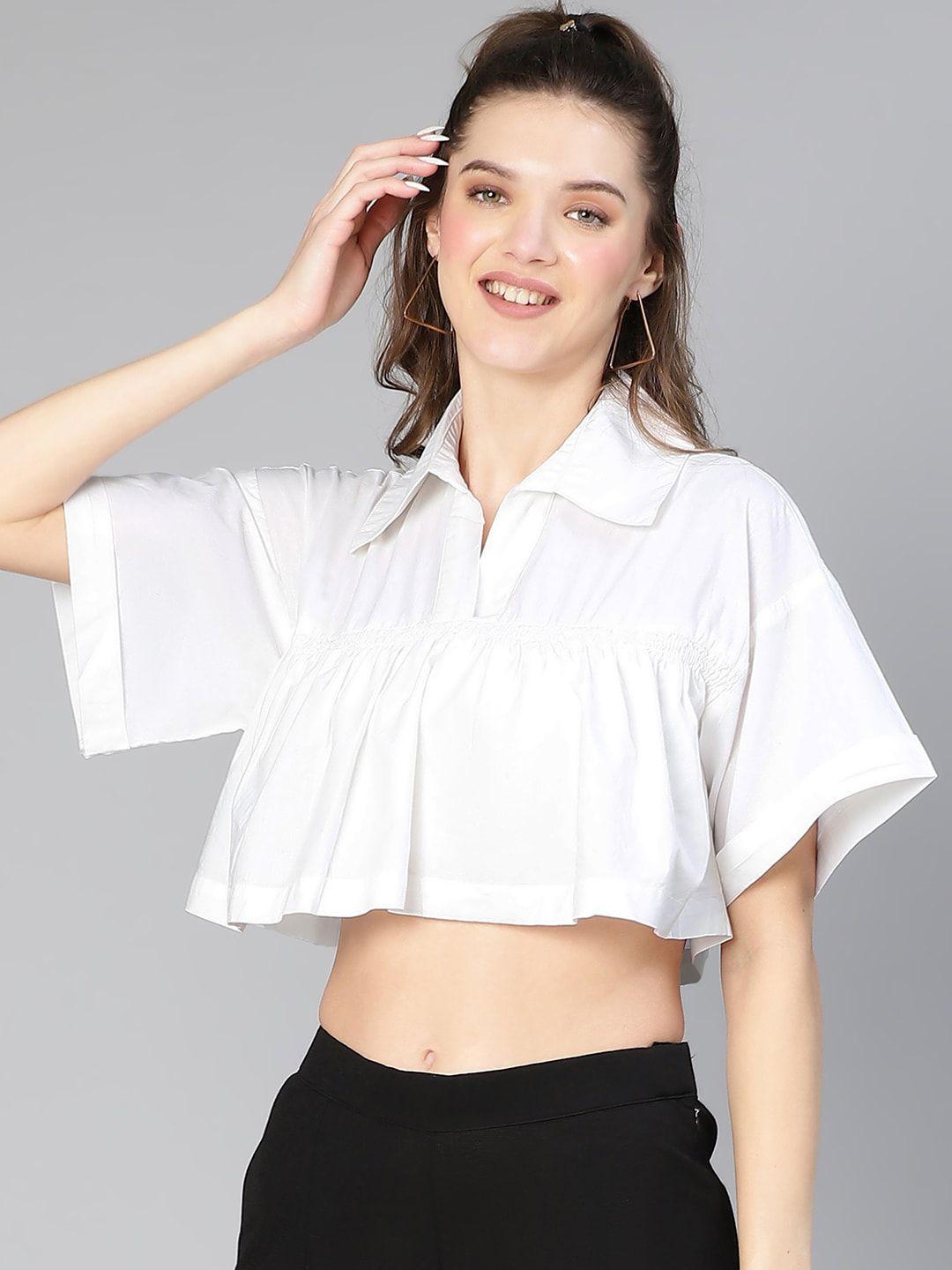 oxolloxo pure cotton boxy crop top with gathered & pleated detail