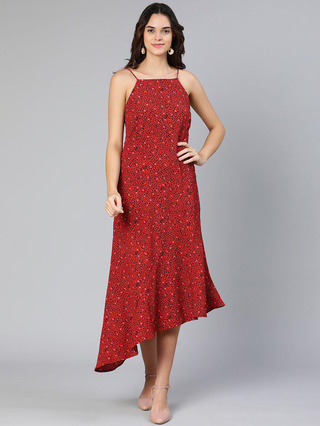 oxolloxo red floral satin a-line midi dress