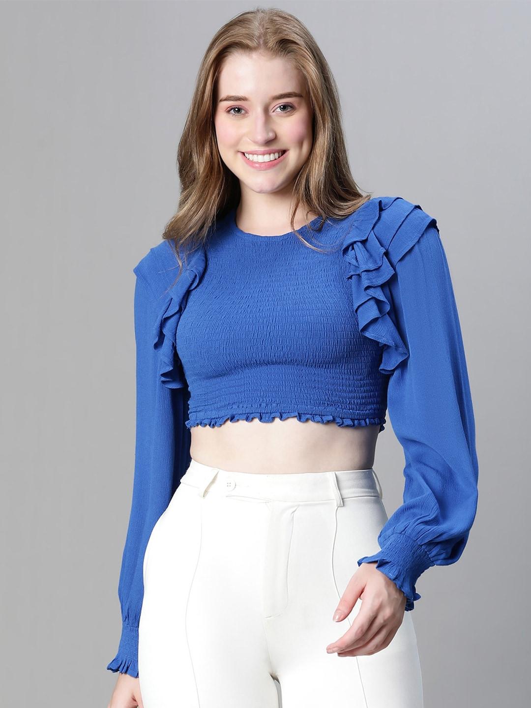 oxolloxo round neck cuffed sleeves ruffles smocked crop fitted top