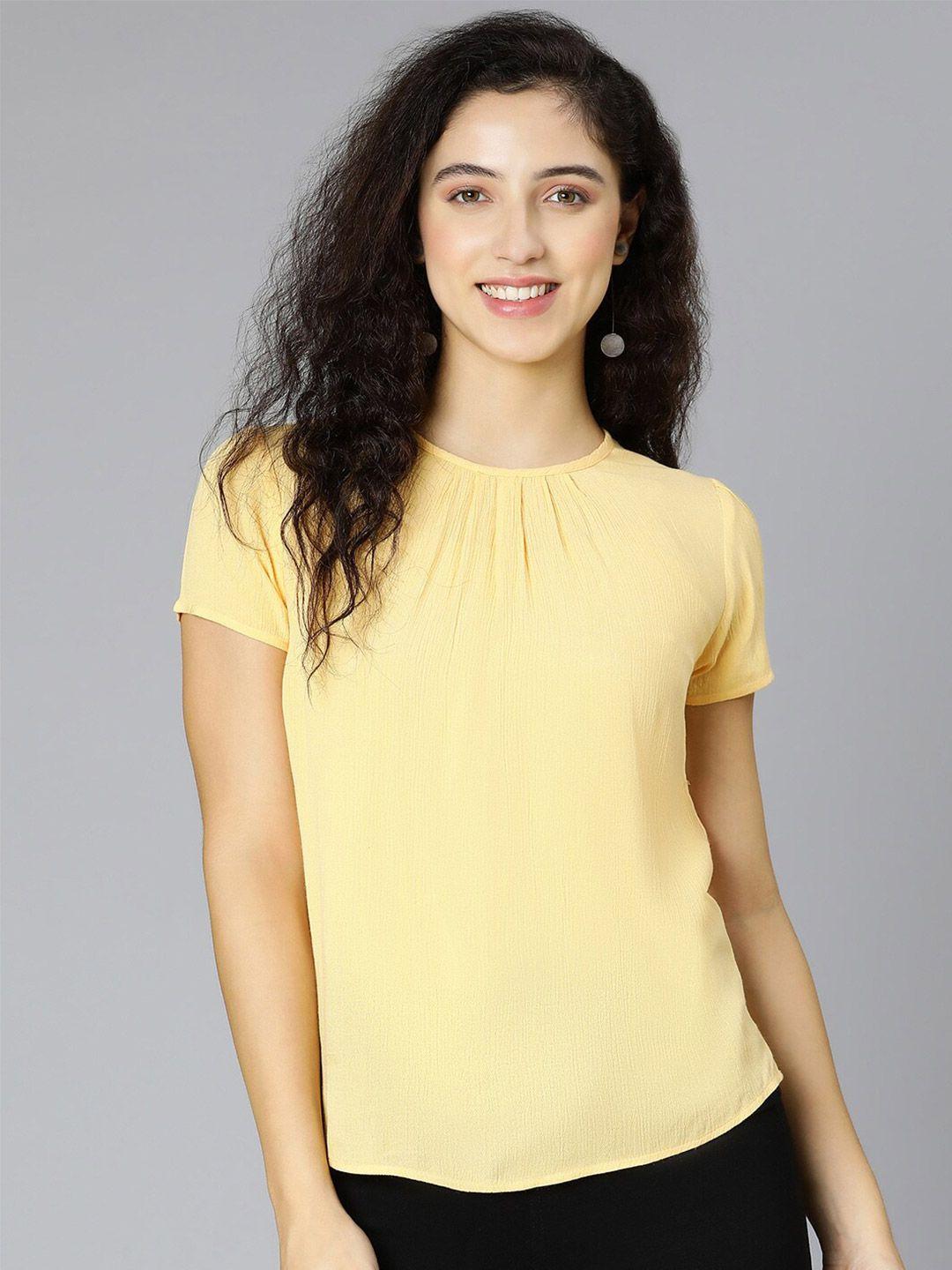 oxolloxo round neck pleated short sleeves crepe top