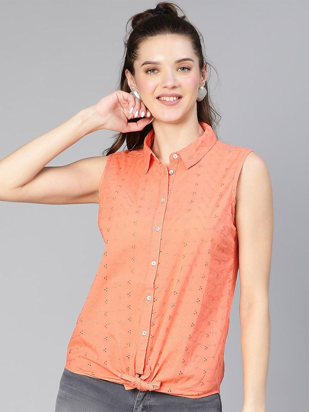 oxolloxo shirt collar schiffli tie-knotted cotton shirt style top