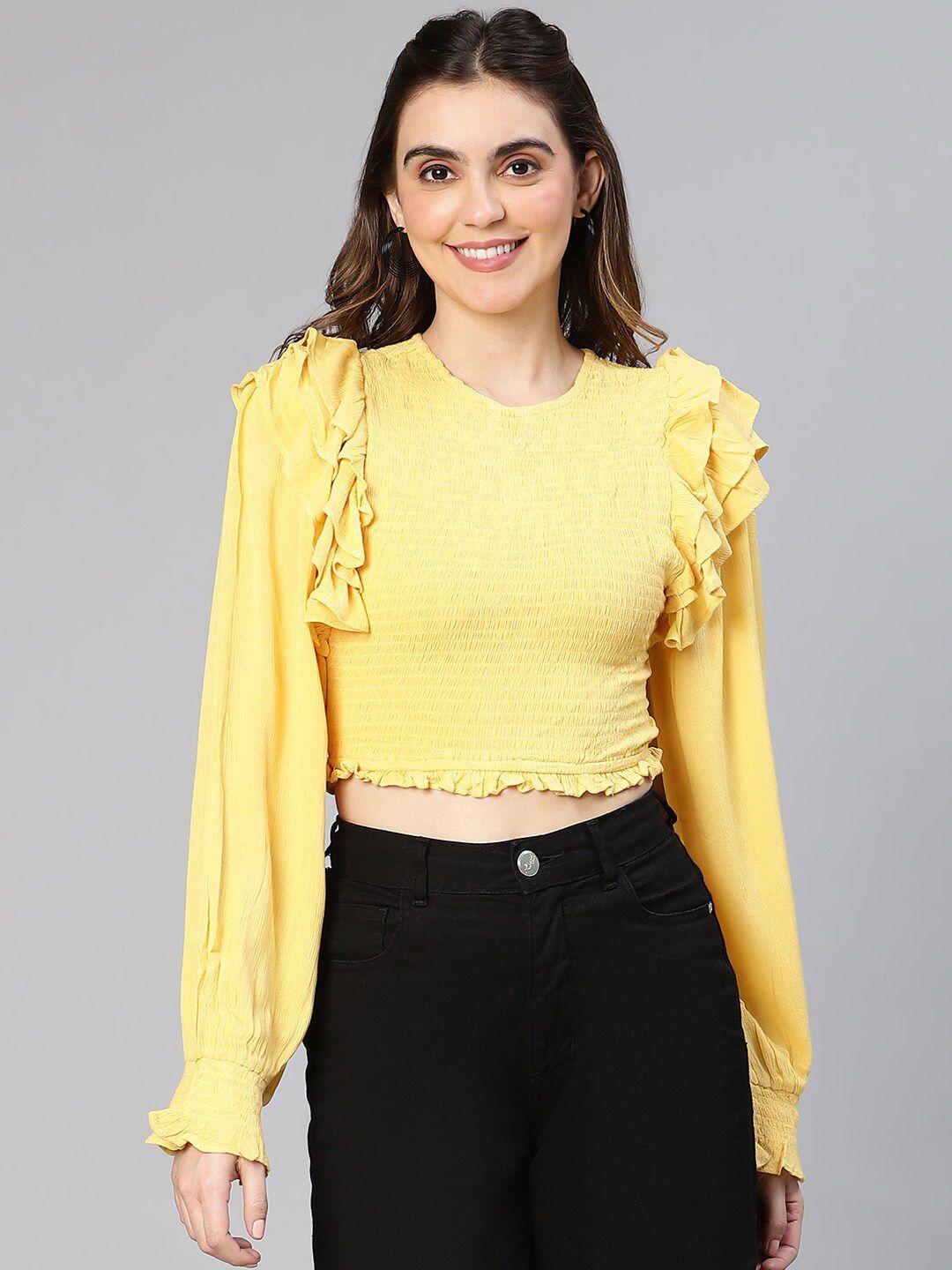 oxolloxo smocked & ruffled detail puff sleeves crepe crop top