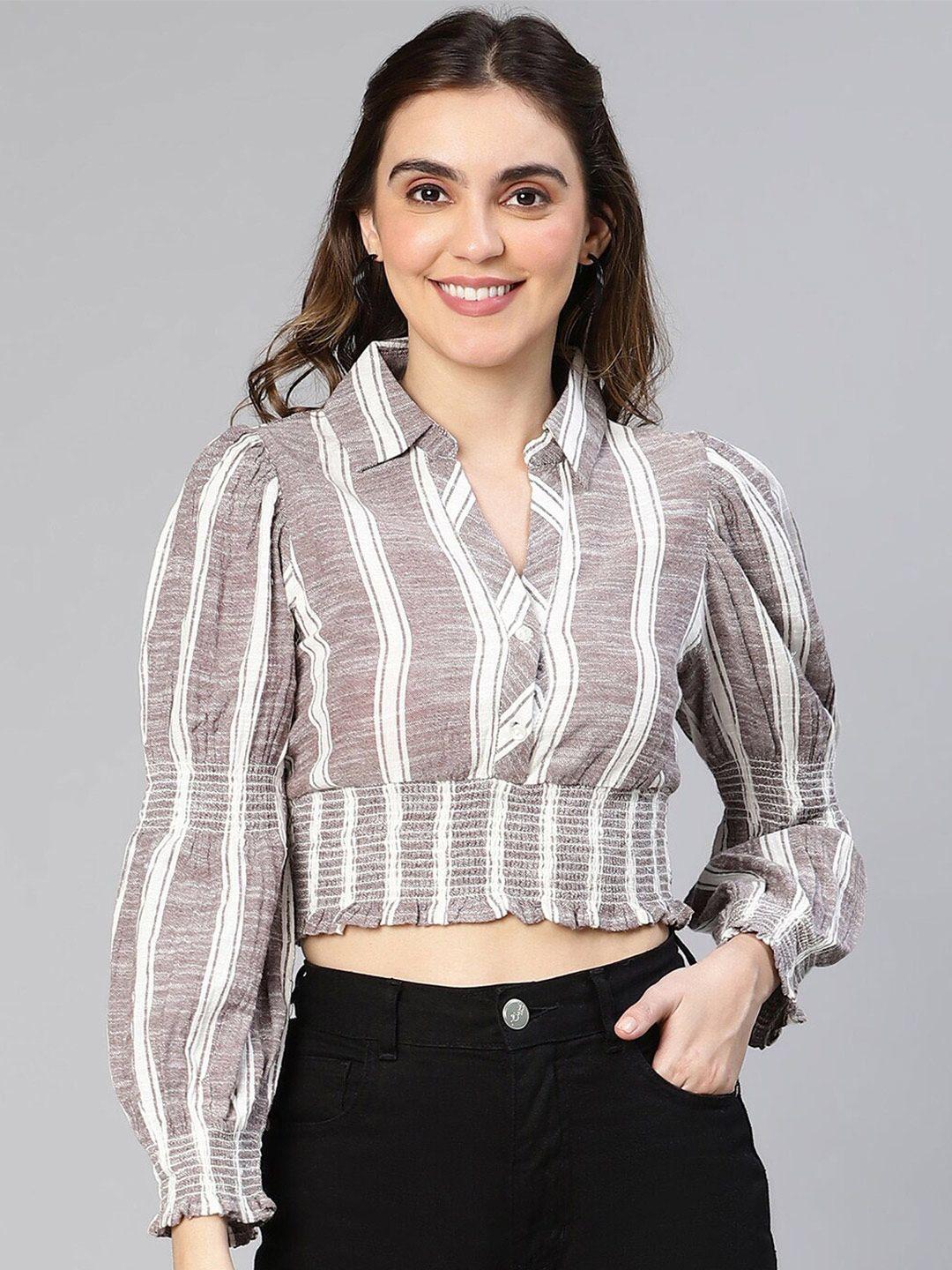 oxolloxo striped smocked puff sleeves organic cotton shirt style crop top