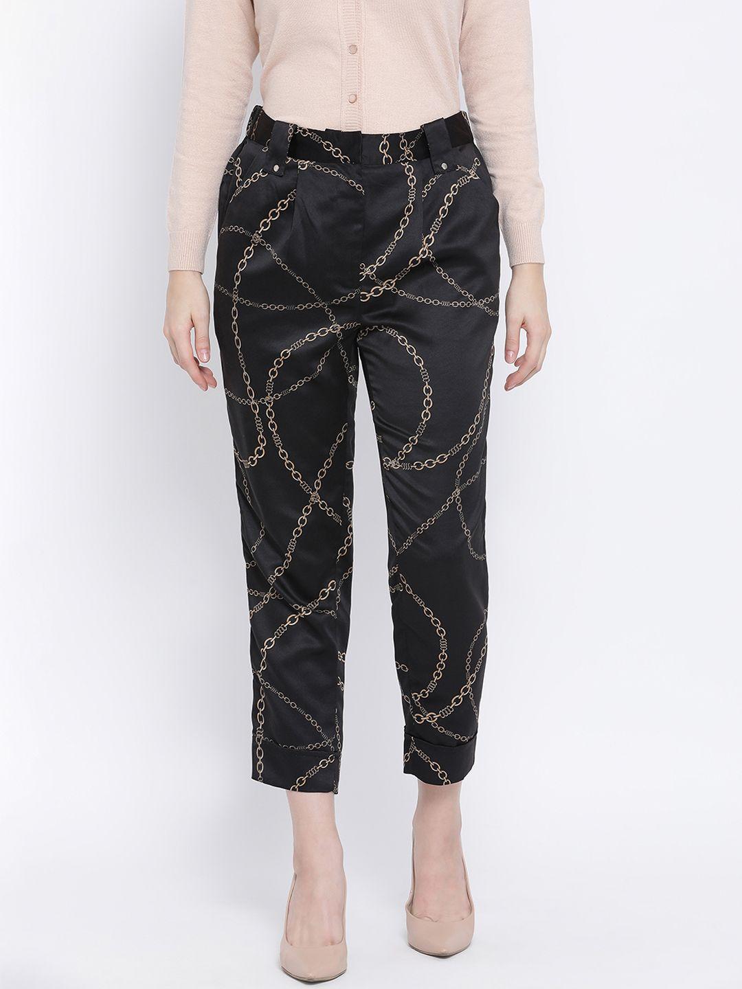 oxolloxo women black & gold-toned regular fit printed regular trousers