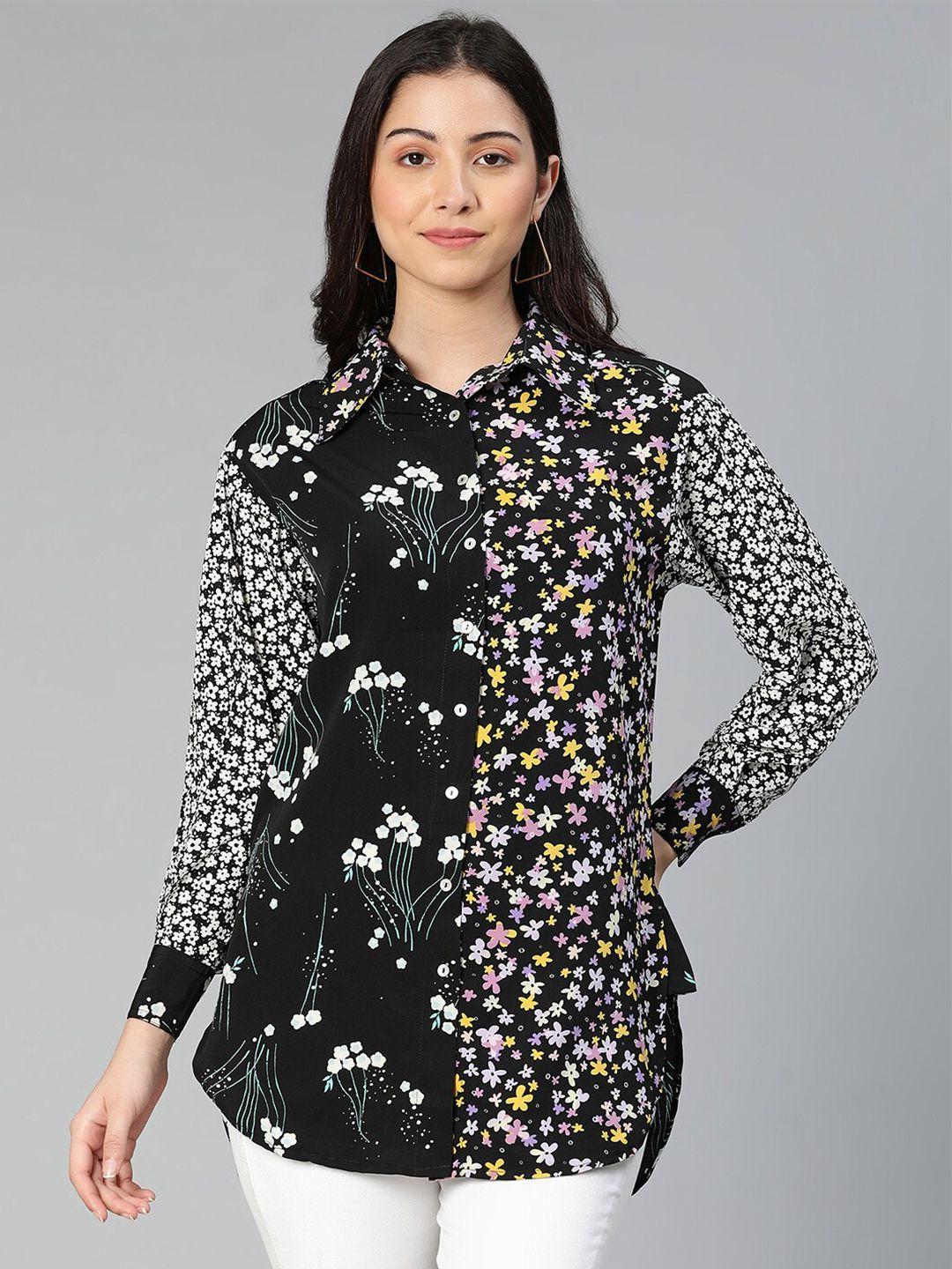 oxolloxo women black standard floral printed casual shirt