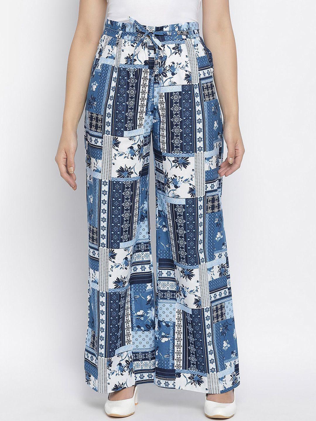 oxolloxo women blue floral printed parallel trousers