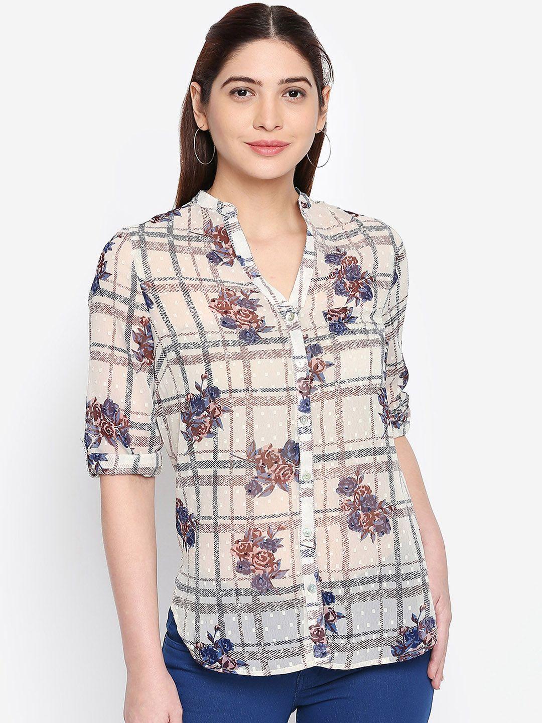 oxolloxo women coffee brown & off-white regular fit printed casual shirt