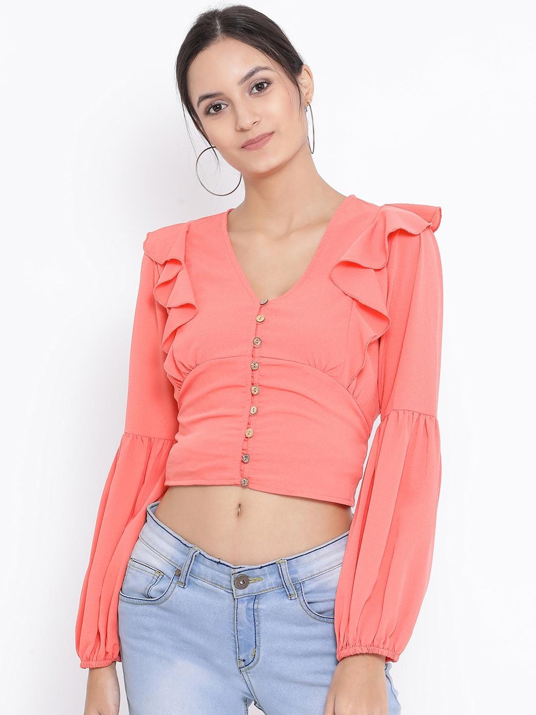 oxolloxo women coral pink solid empire crop top