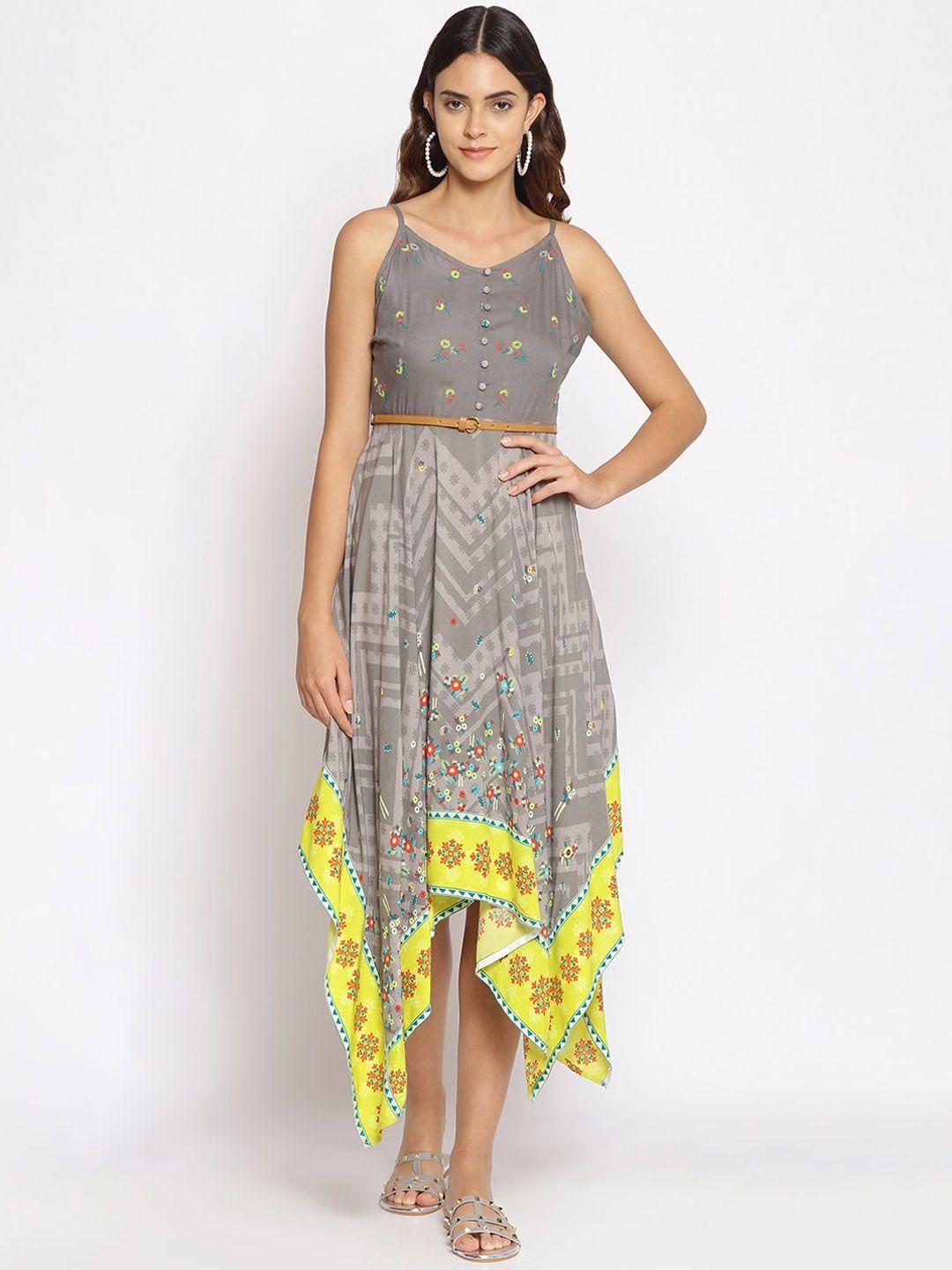 oxolloxo women grey & yellow printed fit and flare dress
