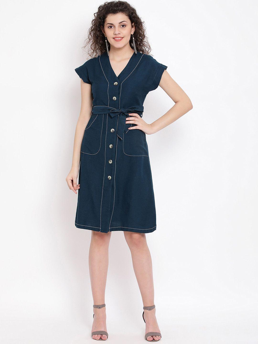 oxolloxo-women-navy-blue-solid-fit-and-flare-dress