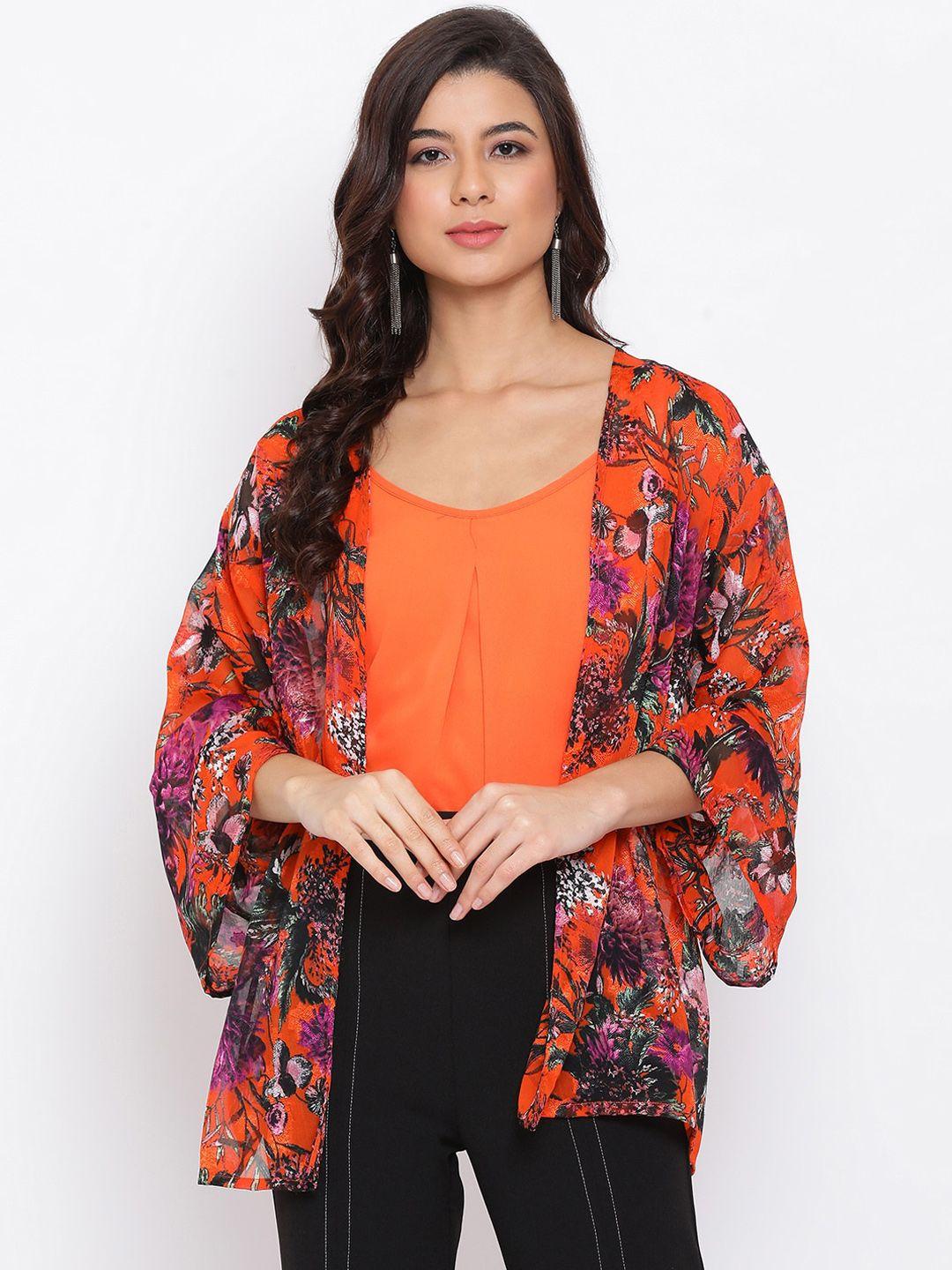 oxolloxo women orange & black floral printed open-front shrug with camisole