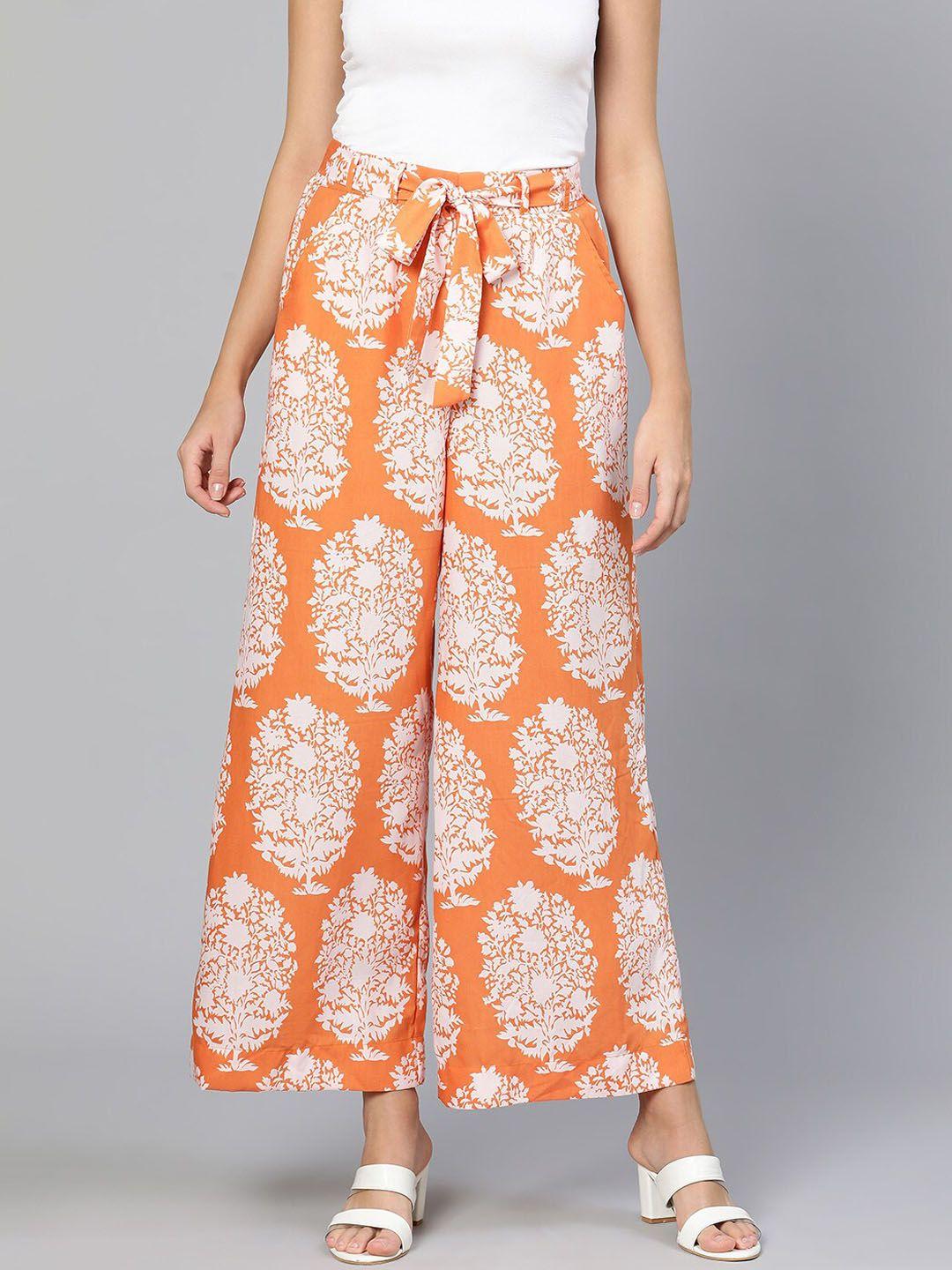 oxolloxo women orange floral printed trousers