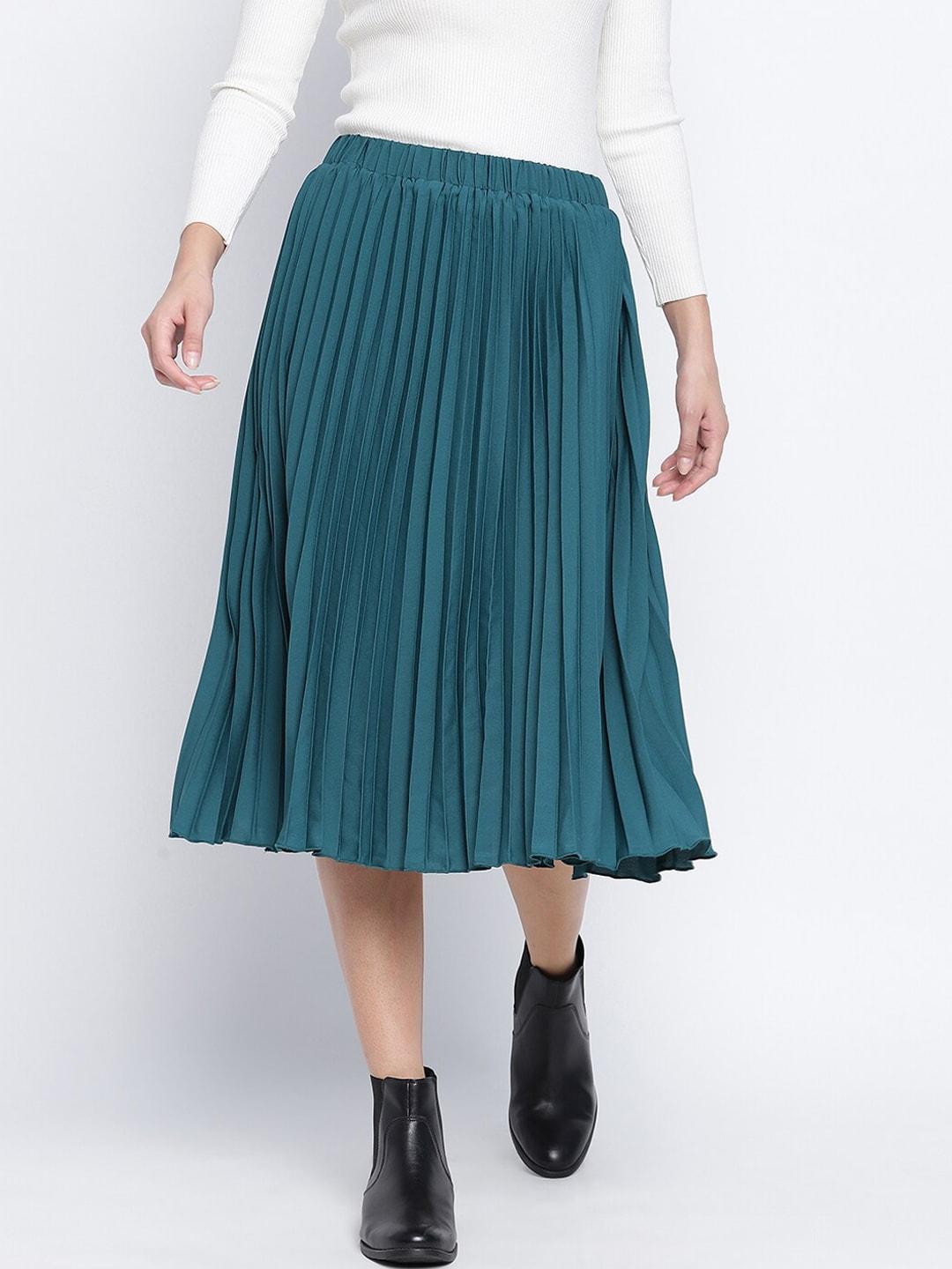 oxolloxo women teal green coloured solid midi-length pleated skirt