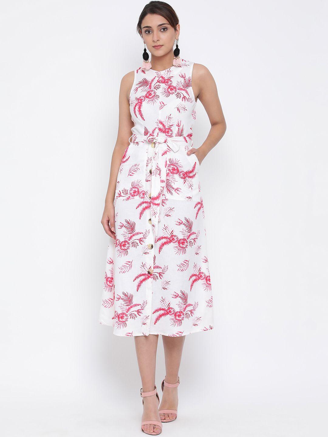 oxolloxo women white & pink printed fit and flare dress