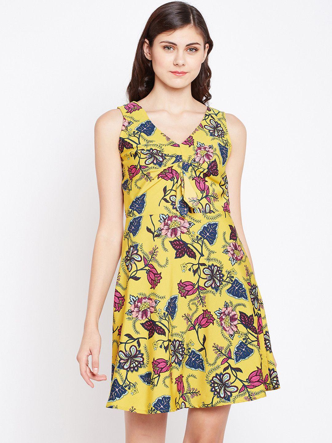 oxolloxo women yellow & pink printed fit and flare dress