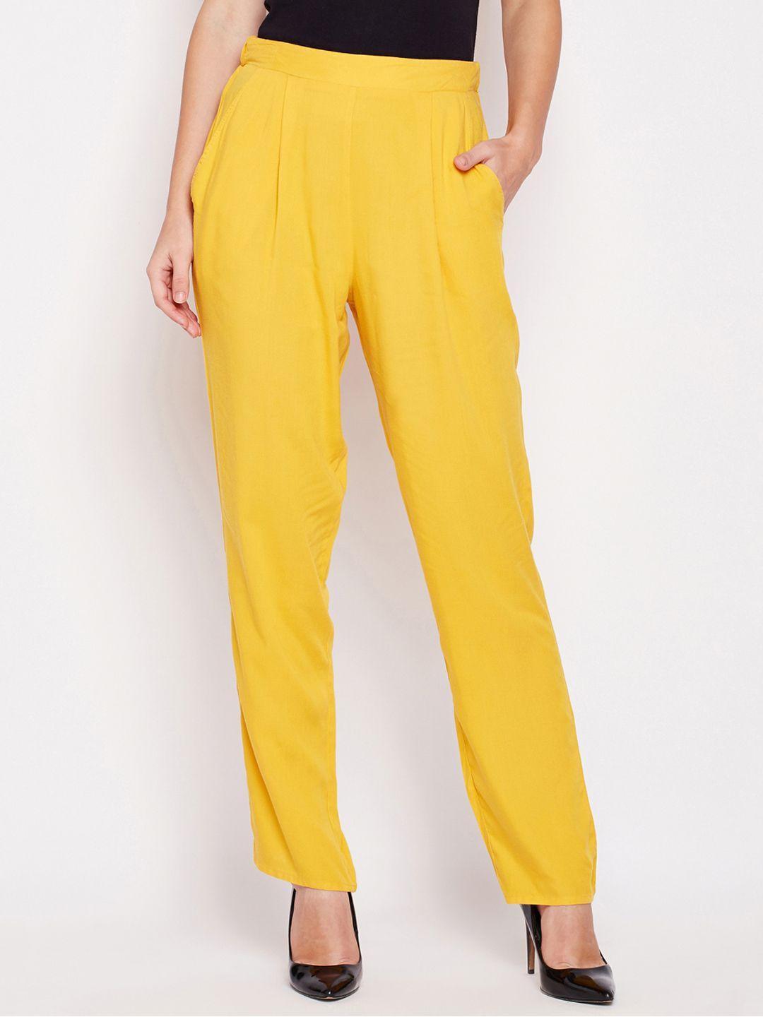 oxolloxo women yellow solid regular fit peg trousers