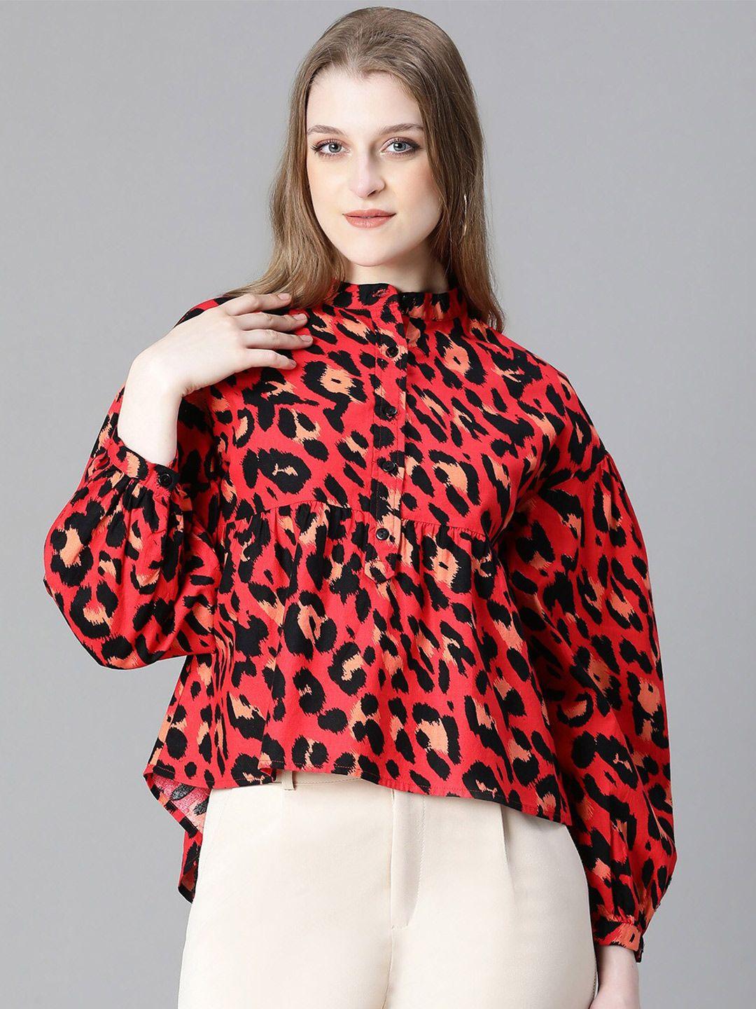 oxolloxo animal printed band collar cuffed sleeves organic cotton high-low top