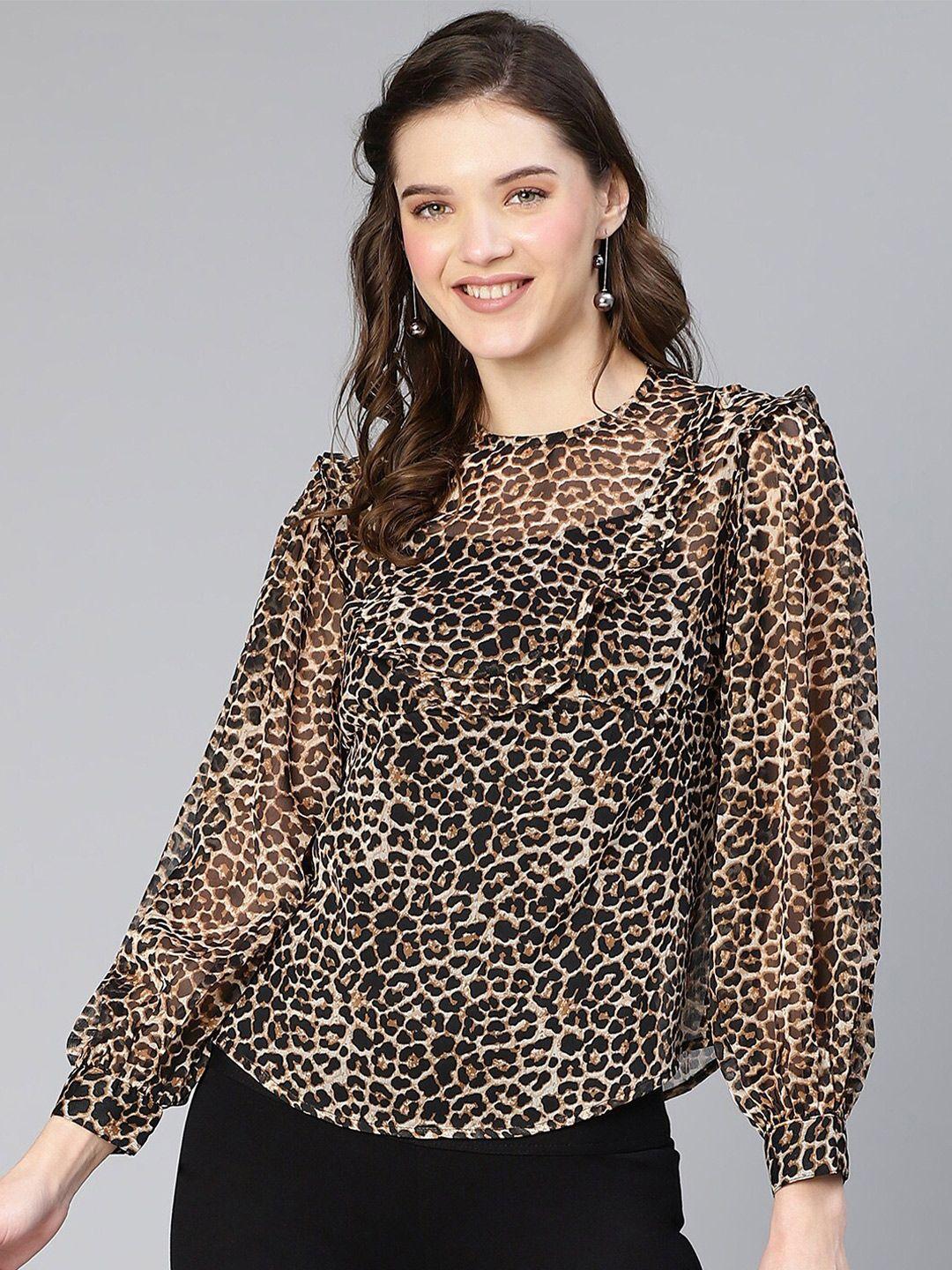 oxolloxo animal printed puff sleeves ruffles chiffon casual top