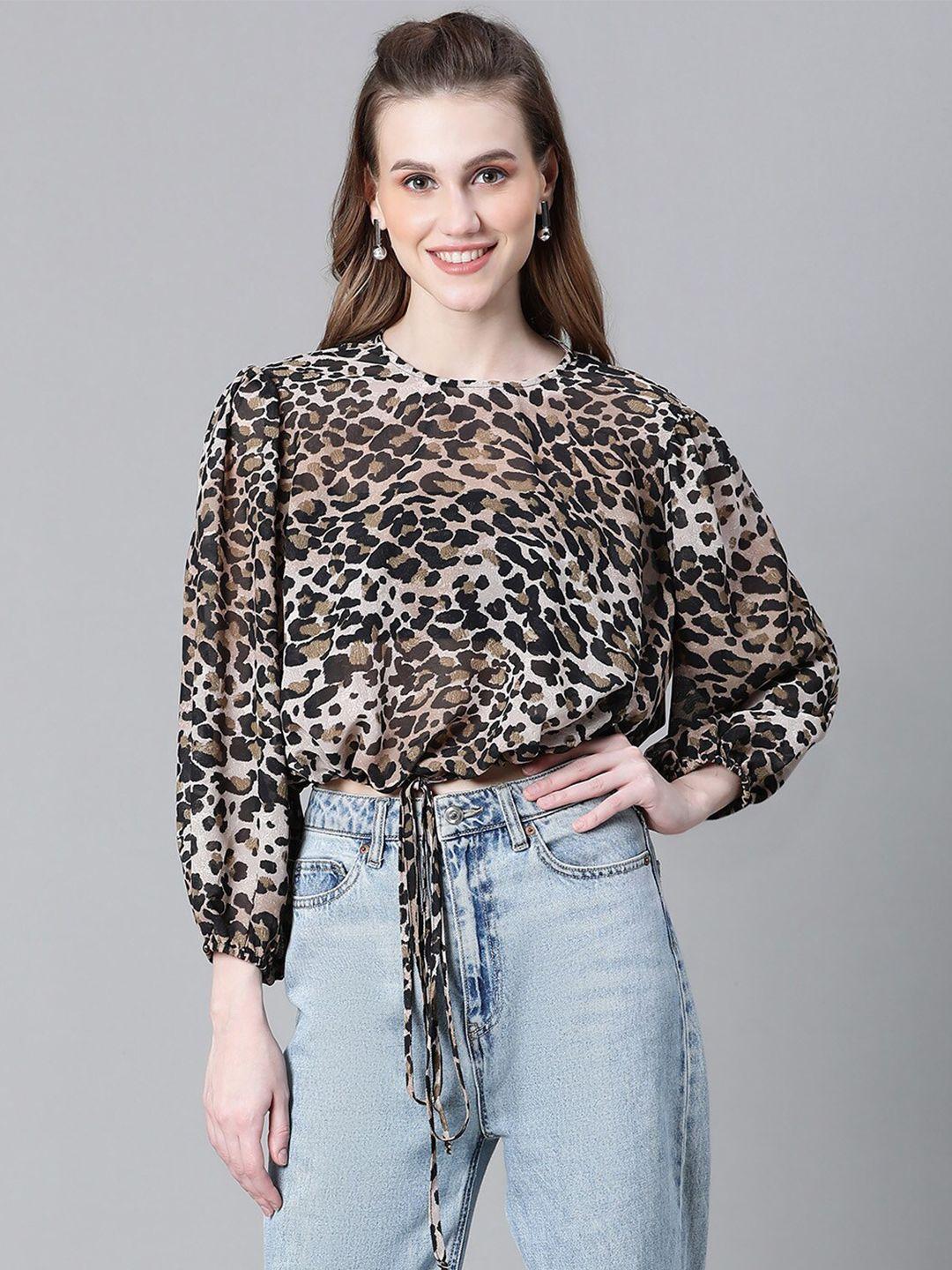 oxolloxo animal printed puff sleeves waist tie-ups semi sheer blouson crop top