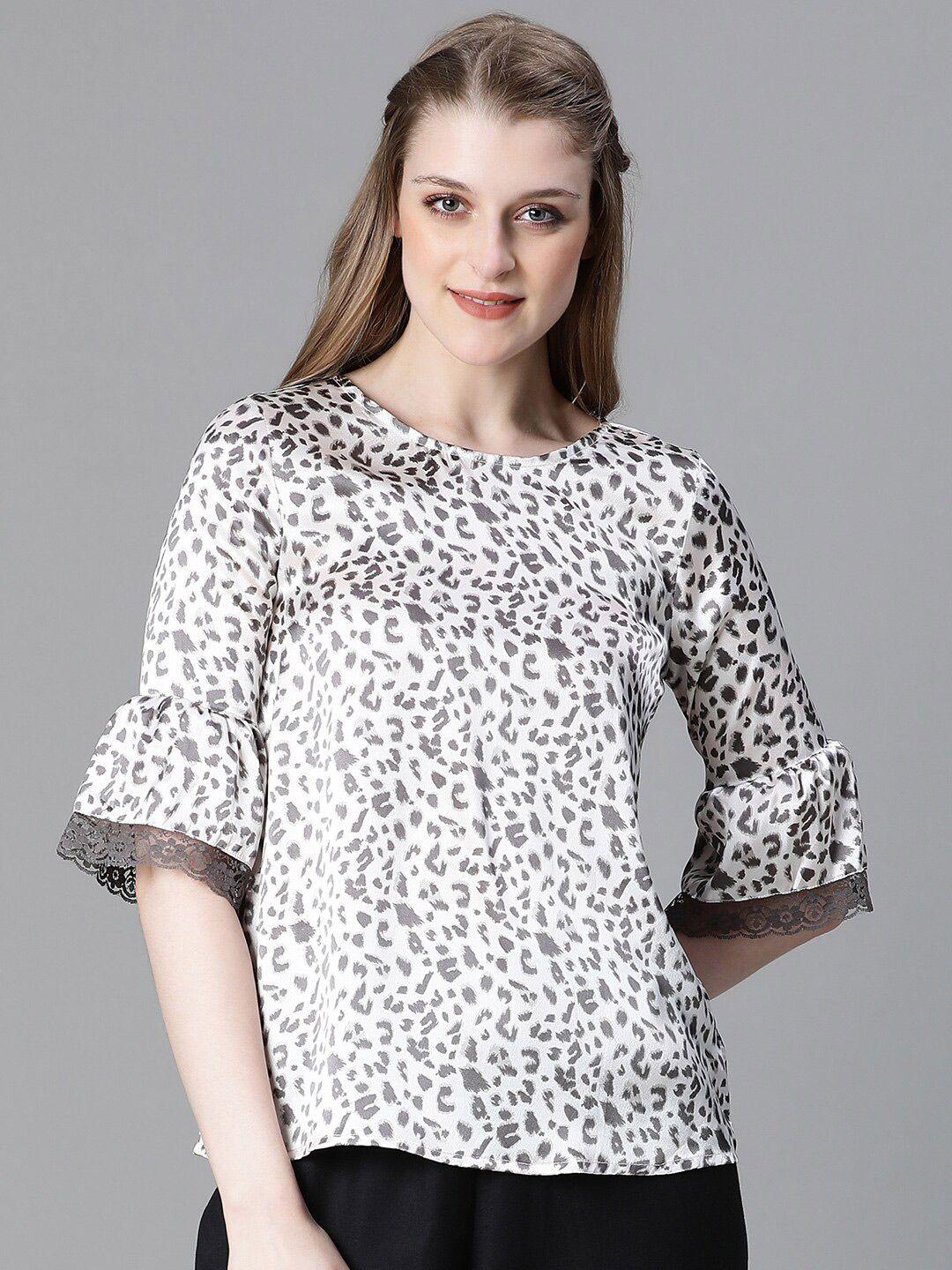 oxolloxo animal printed round neck bell sleeves satin top