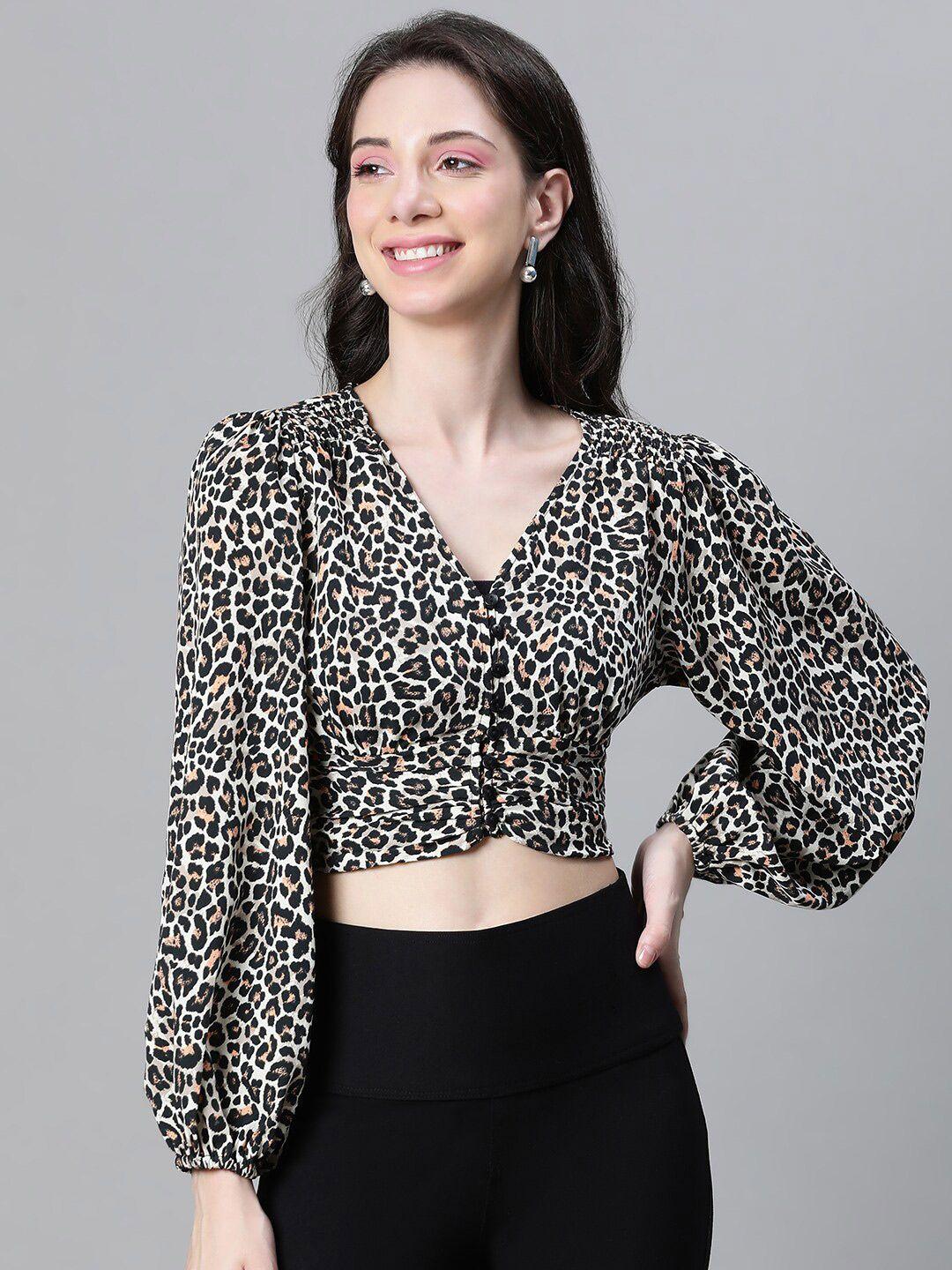 oxolloxo animal printed v-neck puff sleeves cropped top