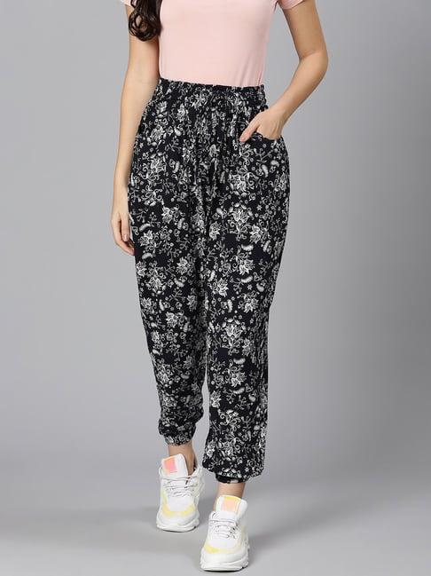 oxolloxo black & white viscose printed mid rise joggers