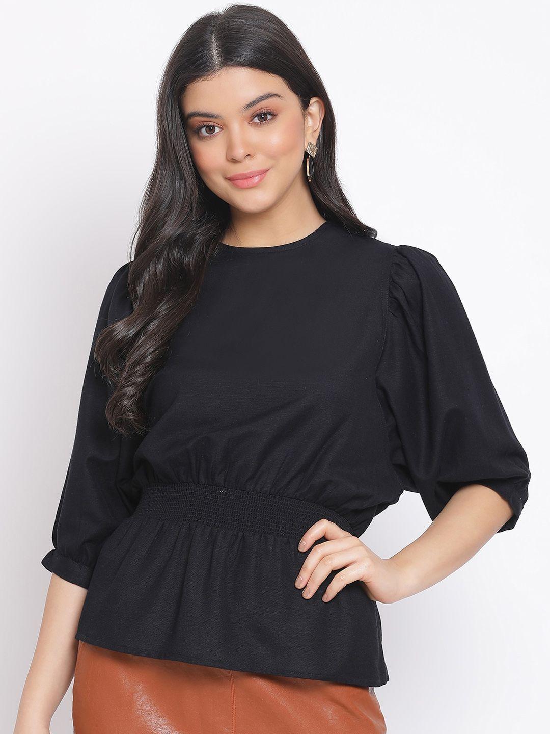 oxolloxo black puff sleeves cinched waist top