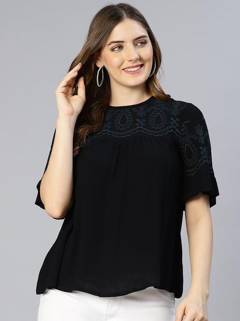oxolloxo black viscose embroidered top