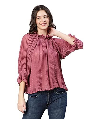 oxolloxo blissed pink pleated & ruffle swiss dot women top