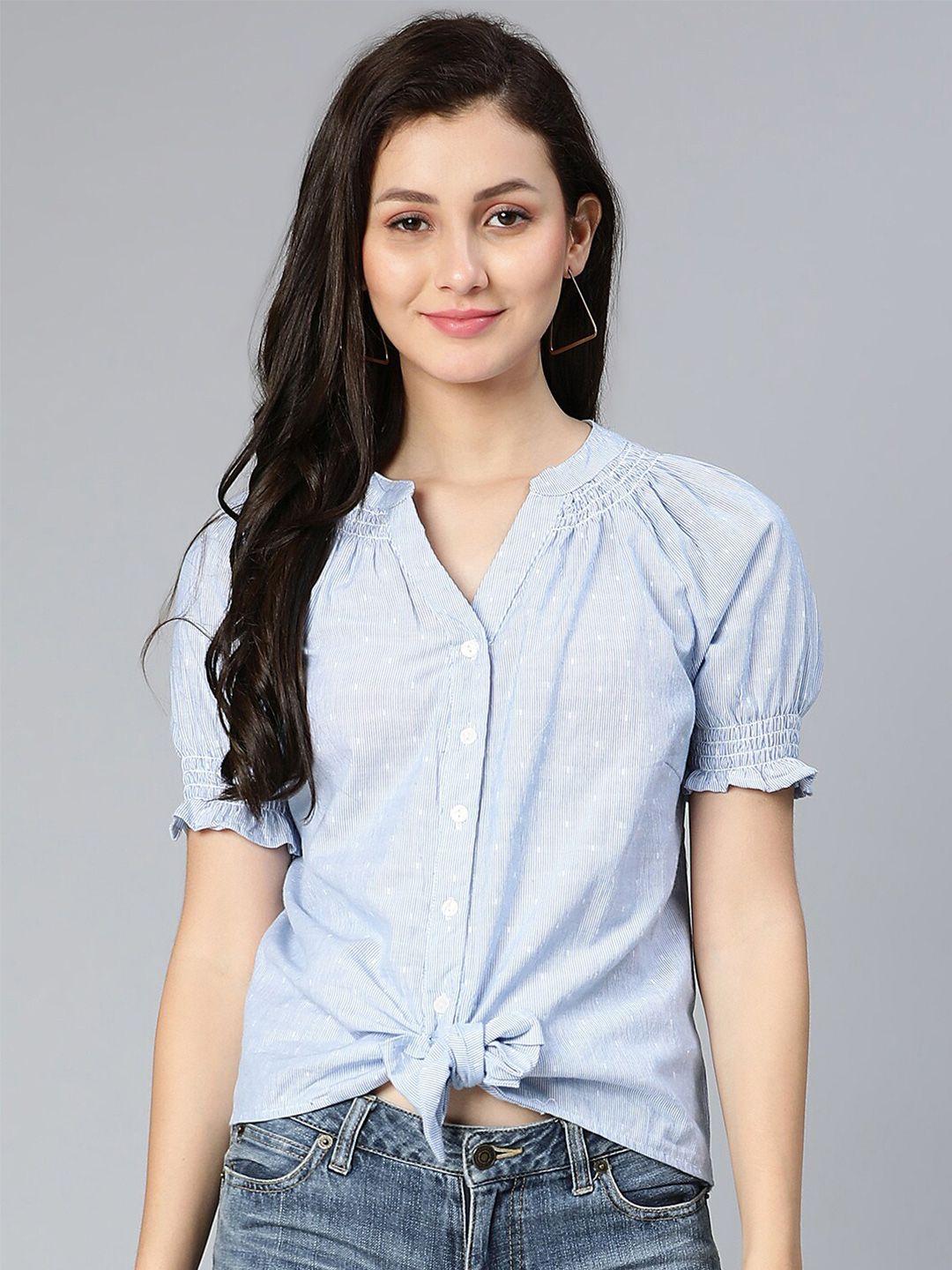 oxolloxo blue & white striped mandarin collar shirt style top
