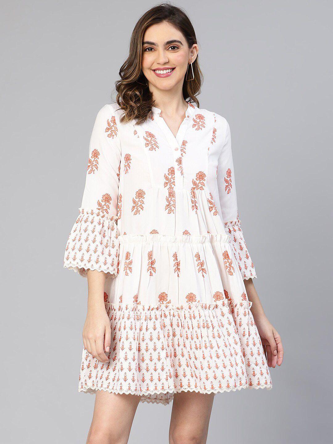 oxolloxo ethnic print bell sleeve lace detail a-line dress