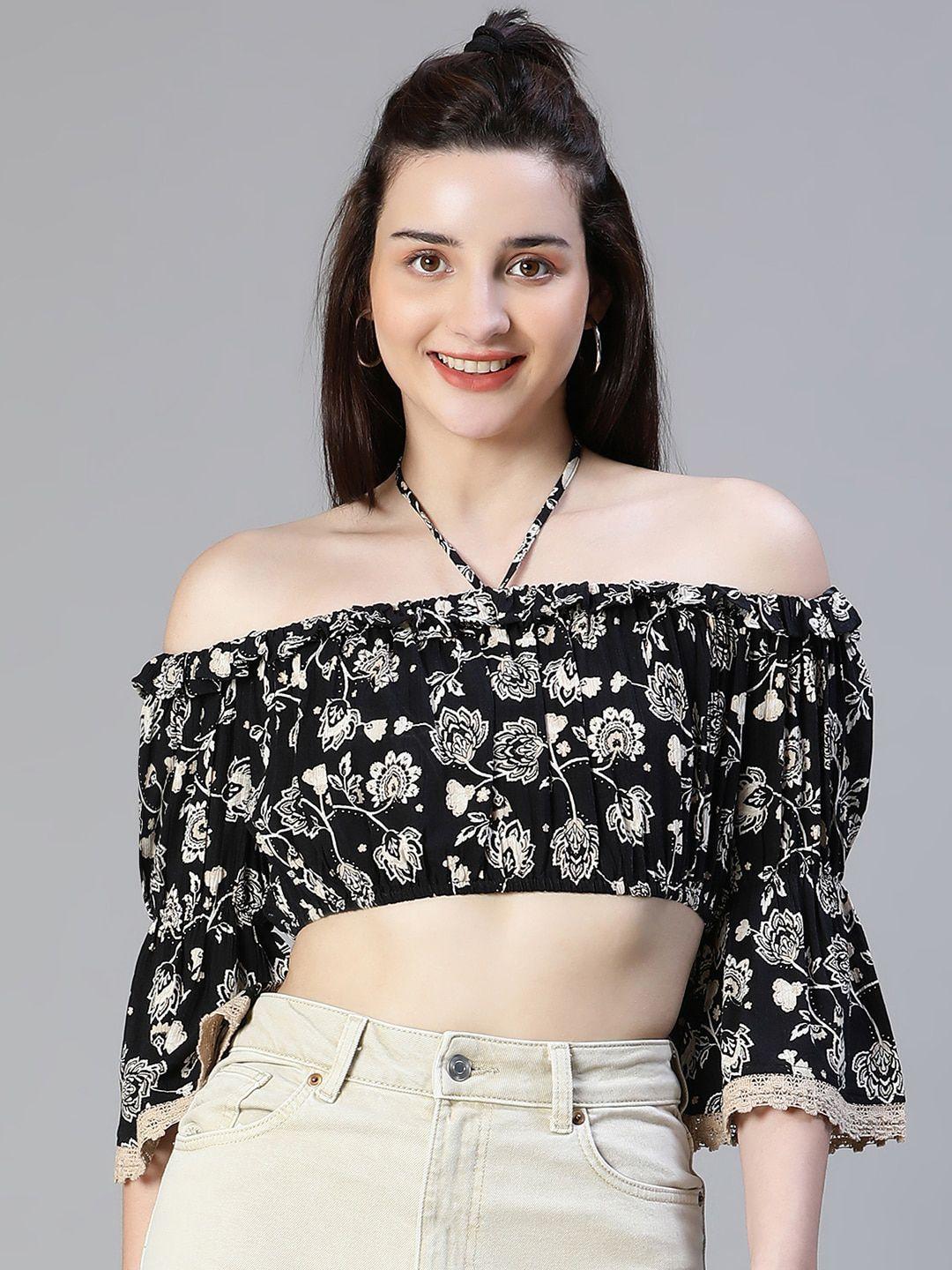 oxolloxo ethnic printed gathered tie-up neck bell sleeve bardot crop top