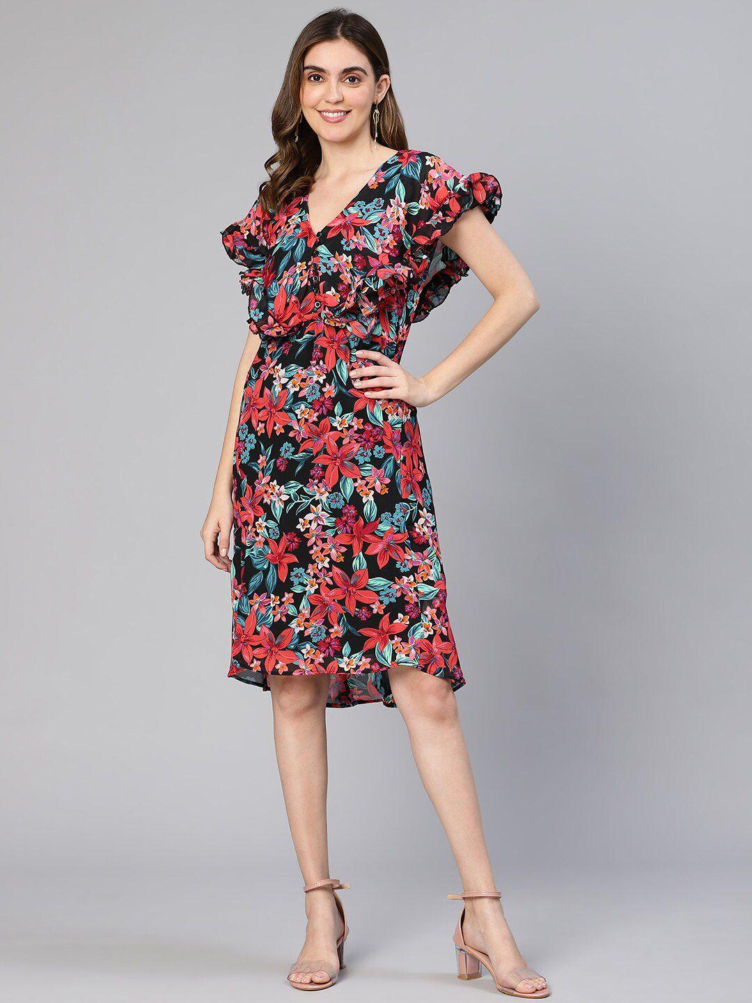 oxolloxo floral print flutter sleeve ruffled fit & flare dress