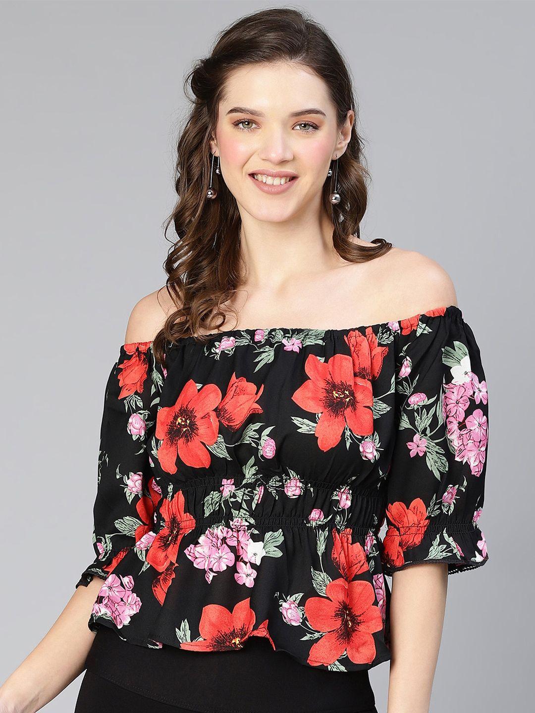 oxolloxo floral print off-shoulder flared sleeve ruffles georgette bardot top