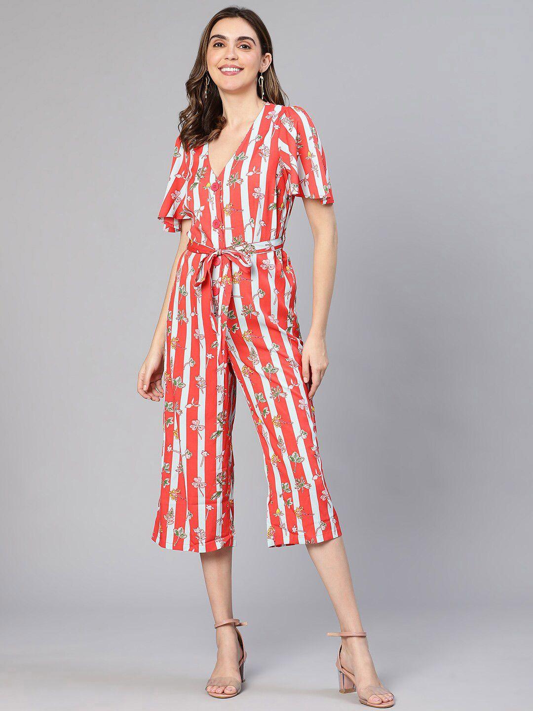 oxolloxo floral printed & striped v-neck culottes jumpsuit