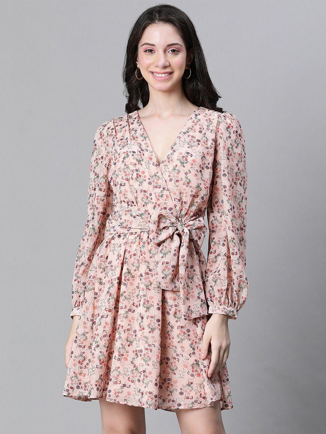 oxolloxo floral printed  v-neck puff sleeve tie-up semi sheer fit & flare dress