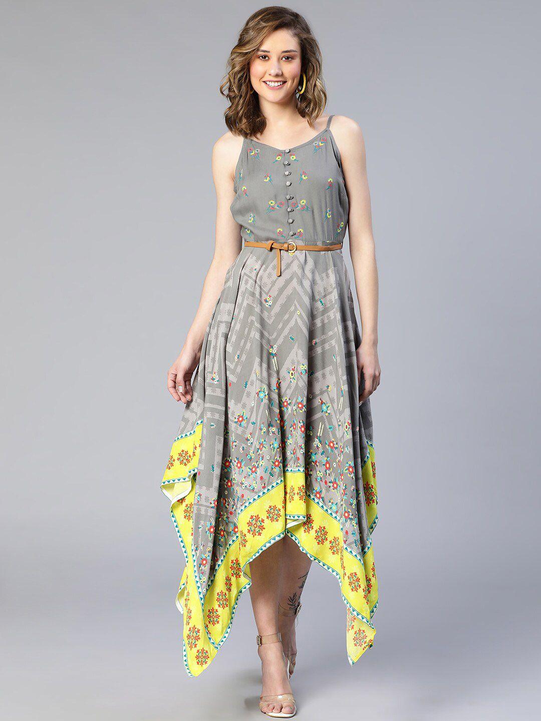 oxolloxo floral printed asymmetric maxi dress with belt