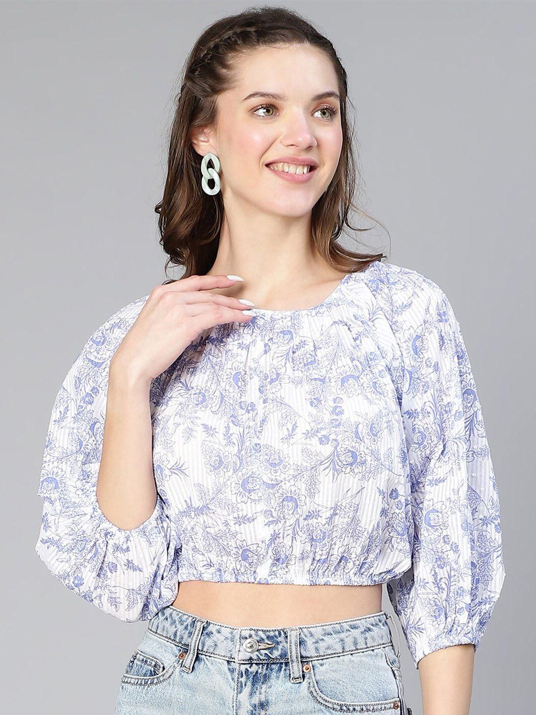 oxolloxo floral printed cotton extended sleeves blouson crop top