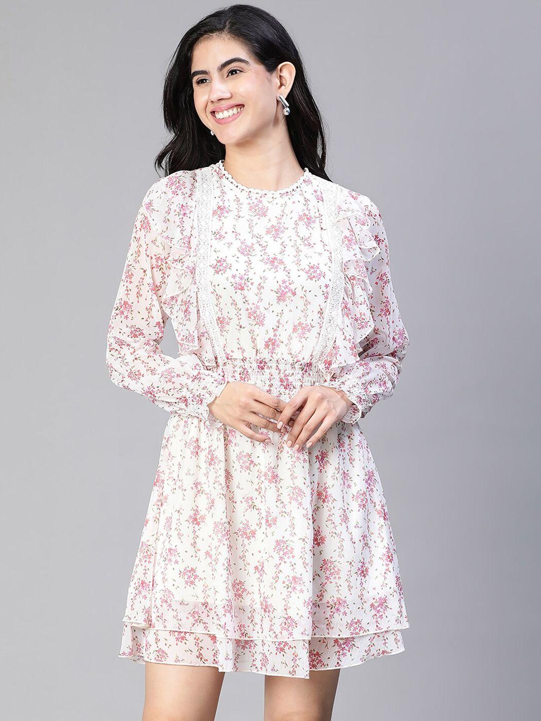 oxolloxo floral printed puff sleeve chiffon fit & flare dress
