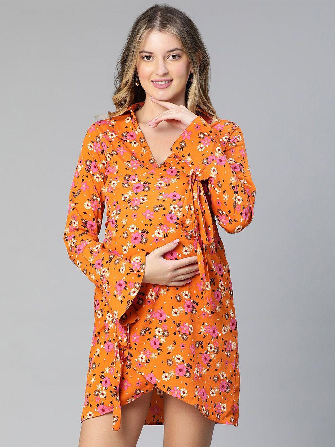 oxolloxo floral printed puff sleeve crepe maternity mini wrap dress