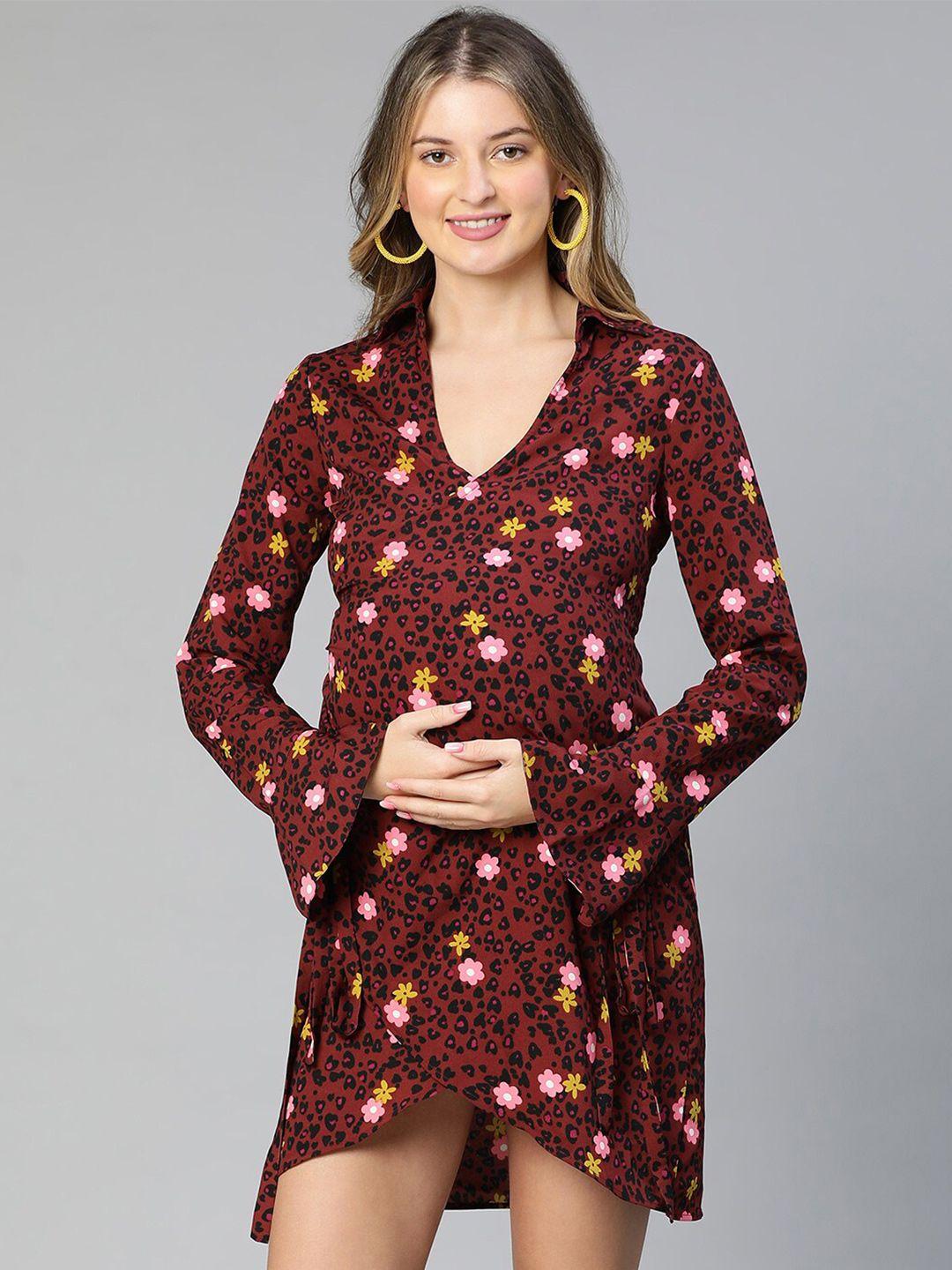 oxolloxo floral printed spread collar crepe maternity mini wrap dress