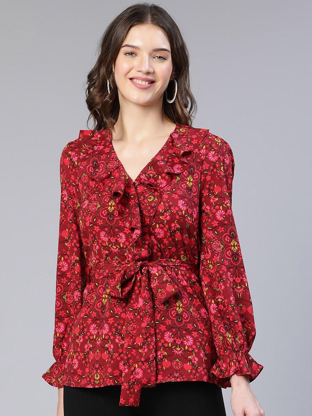 oxolloxo floral printed v-neck cinched waist top