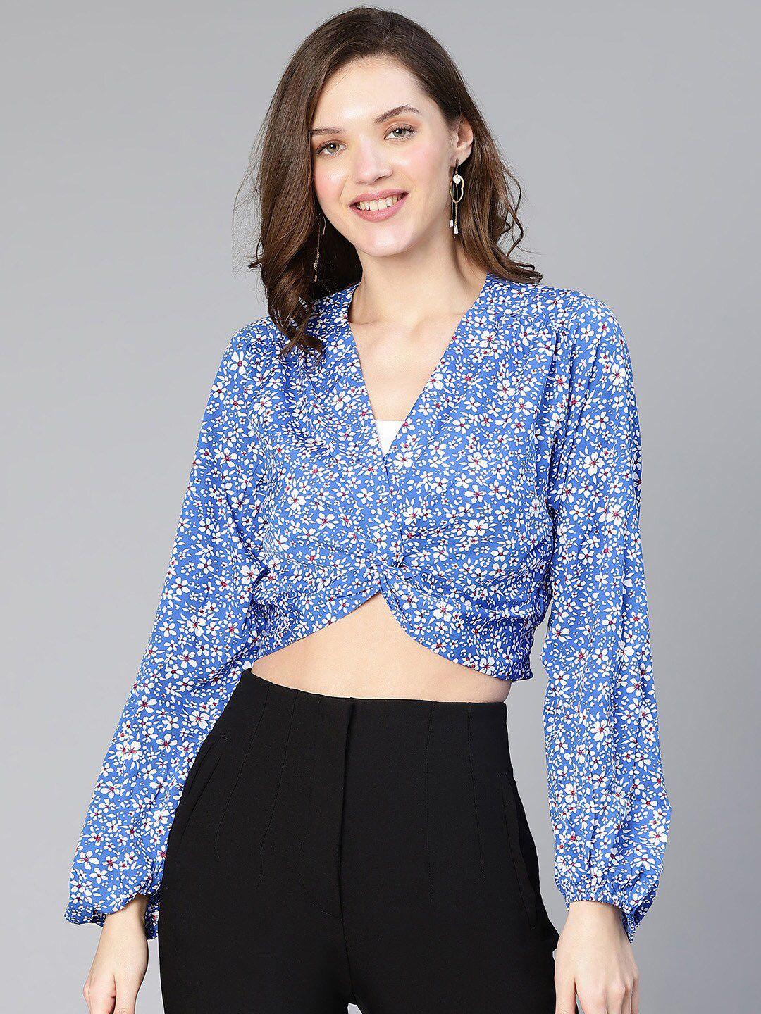 oxolloxo floral printed v-neck puff sleeves twisted crop top