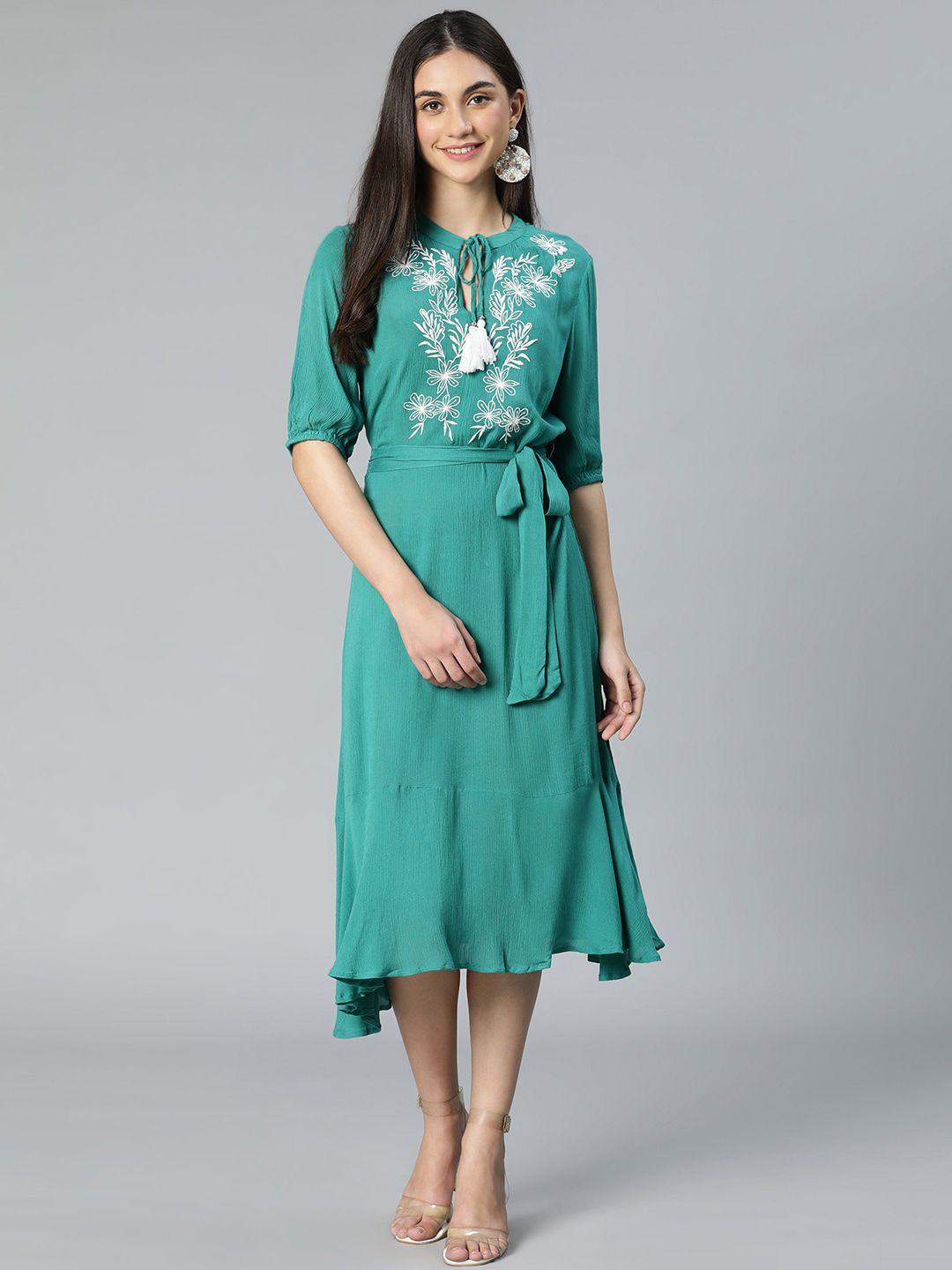 oxolloxo green floral tie-up neck midi dress