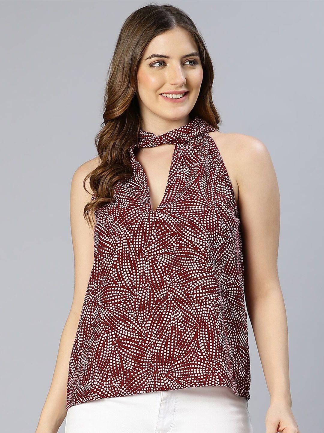 oxolloxo maroon & white geometric print keyhole neck top