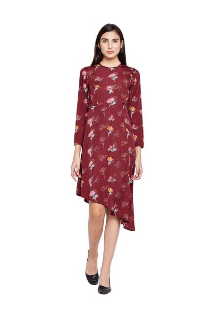 oxolloxo maroon floral print below knee dress